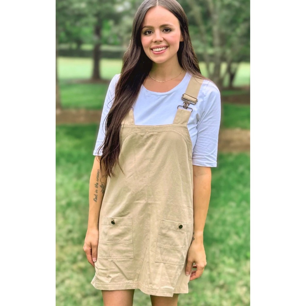 Madelyn Overall Dress Womens Small Tan‎ Khaki Cotton Mini Jumper CED3504